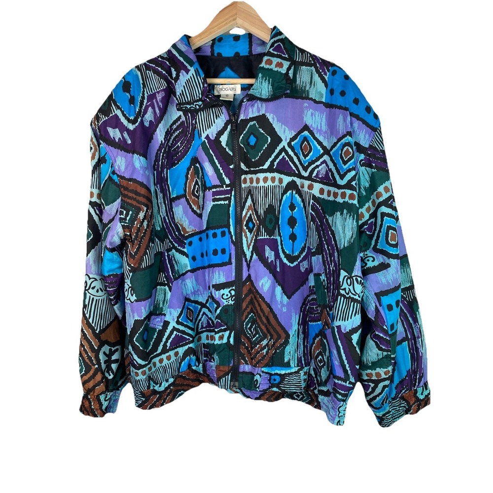 Vintage Bogari 90s Retro XL Colorful Silk Full Zip Bomber Jacket